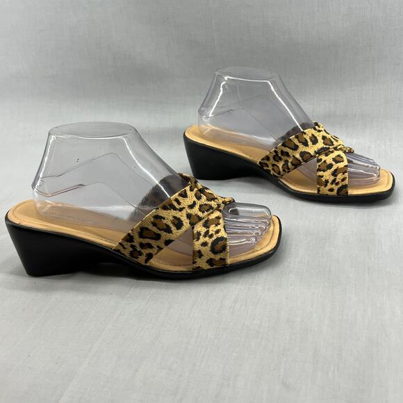 New Twist Slip On Strap Wedge Heel Sandal- Leopard -Tan-Black-Women Size 8 - Picture 7 of 11